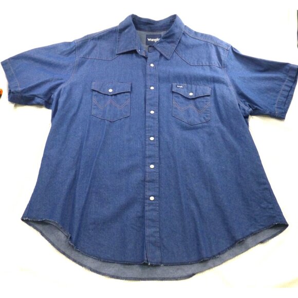 Wrangler Mens Denim Pearl Snap Cowboy Short Sleeve Shirt XXL Blue Cotton - Picture 1 of 10